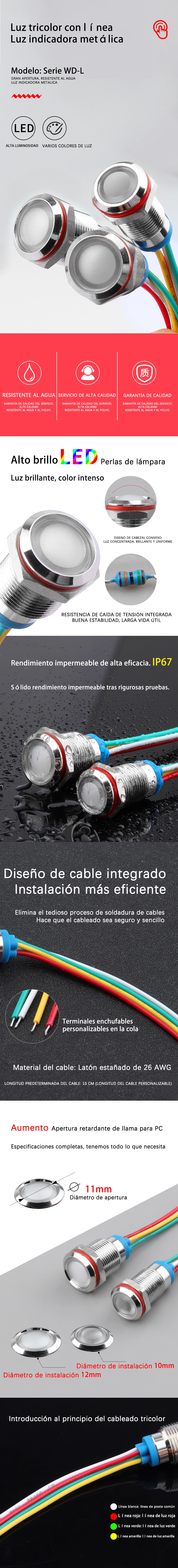 Luz indicadora metálica de tres colores y cuatro cables de la serie WD10/12L